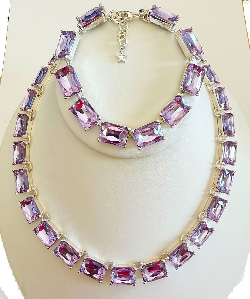 Kirks Folly Emerald-Cut Lavender Pink Necklace & Bracelet Set silvertone