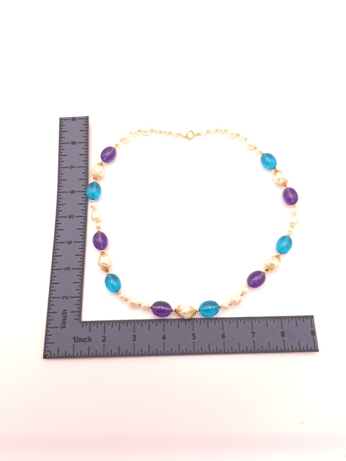 Vintage Trifari Beaded Necklace Baroque Pearl Purple Blue Lucite