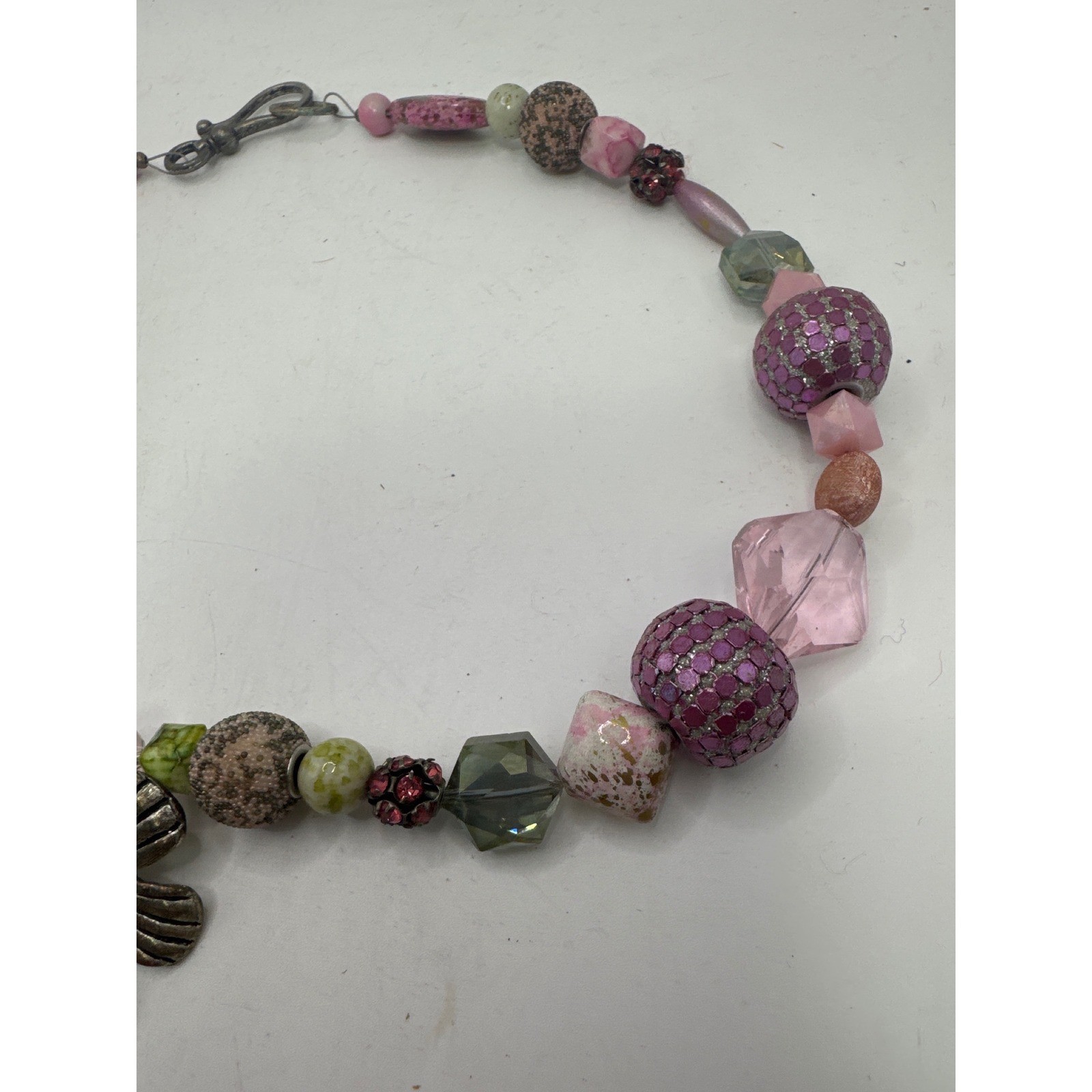 Boho Mixed Bead Flower Pendant Necklace Pink Green Glass Ceramic 23 Inch