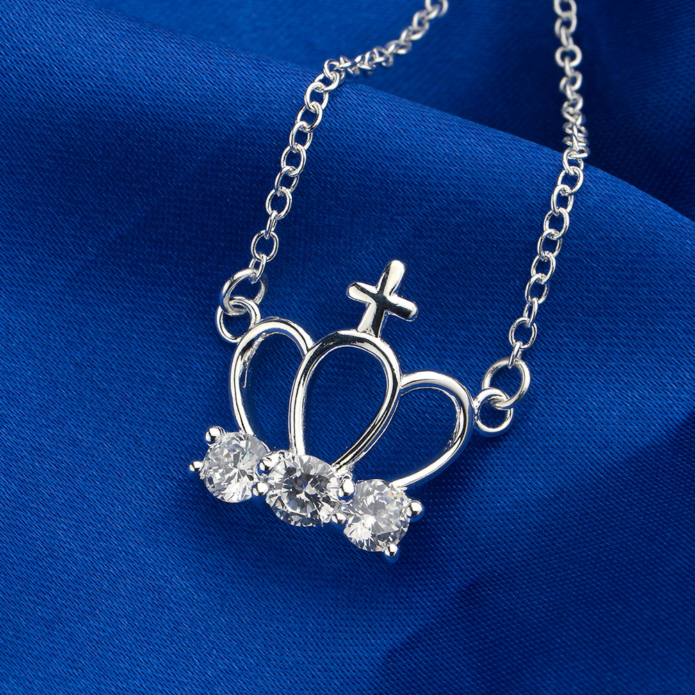 Elegant 925 Sterling Silver Filled Water Crown CZ Pendant Woman Necklace N-A597
