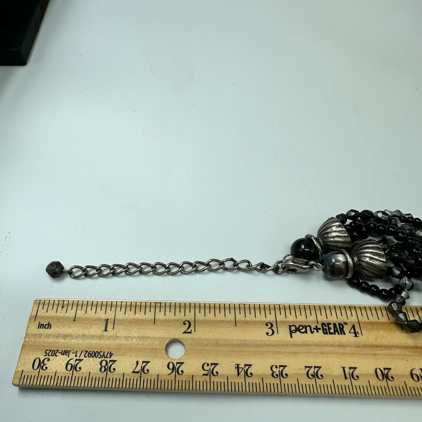 Black Grey Beaded Necklace Round Medallion Multistrand Boho Chic Adjustable