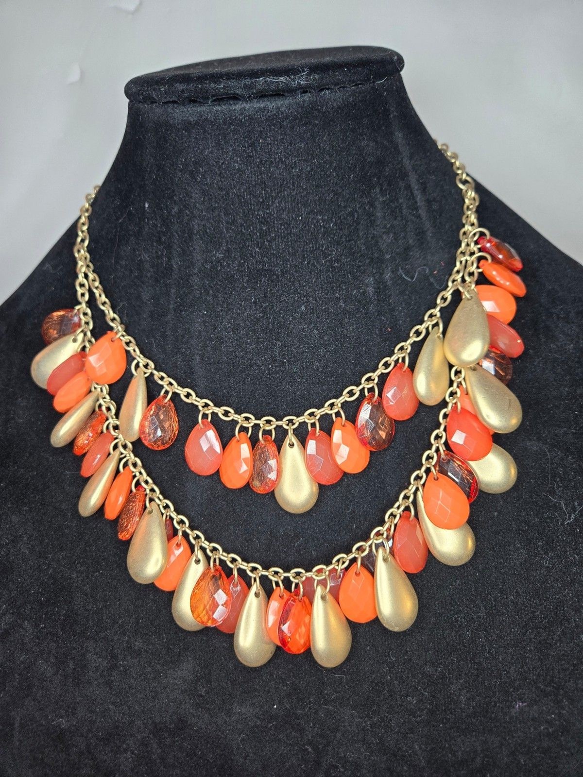 Gold Tone Layered Necklace with Pink and Gold Drop Beads Adjustable Length
