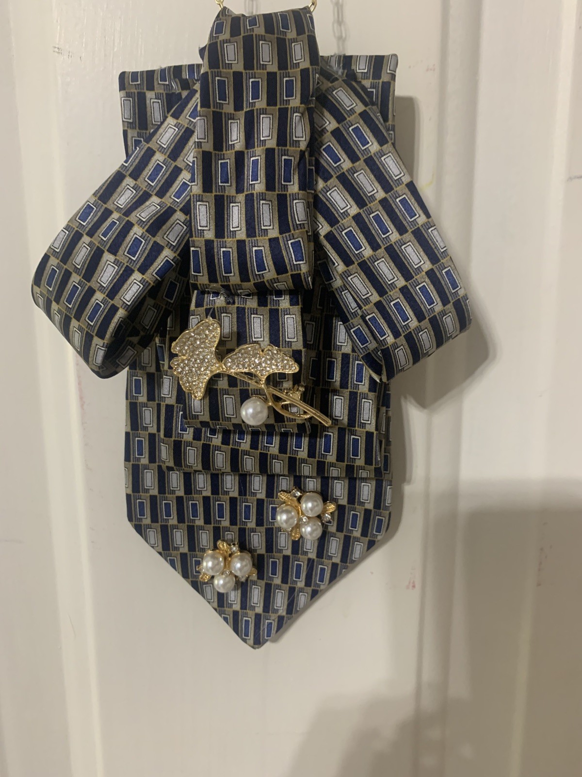 Ladies Necktie Necklace Blue Gray Gold Interchangeable
