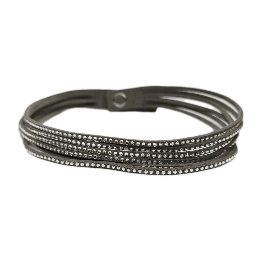 Grey Crystal Leather Choker Necklace Five Row Adjustable 15 in