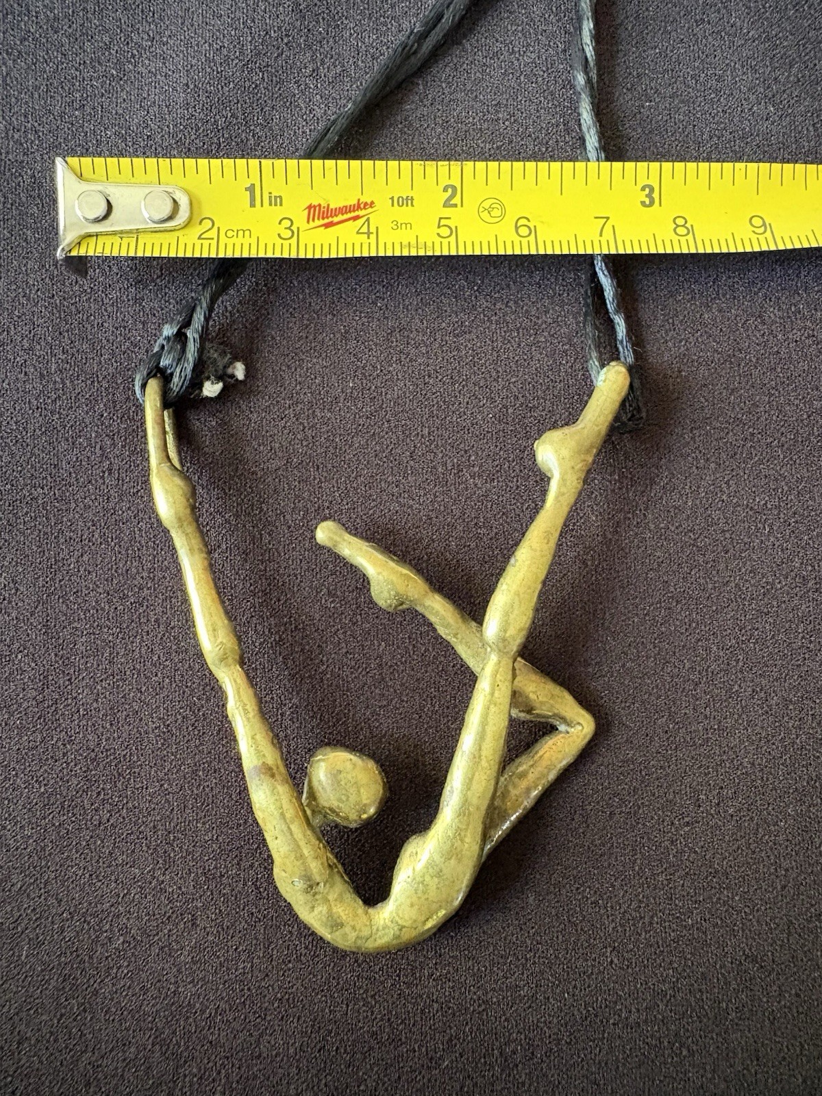 VINTAGE BRASS NUDE DANCER ACROBAT PENDANT ARTISAN BRUTALIST ROPE NECKLACE