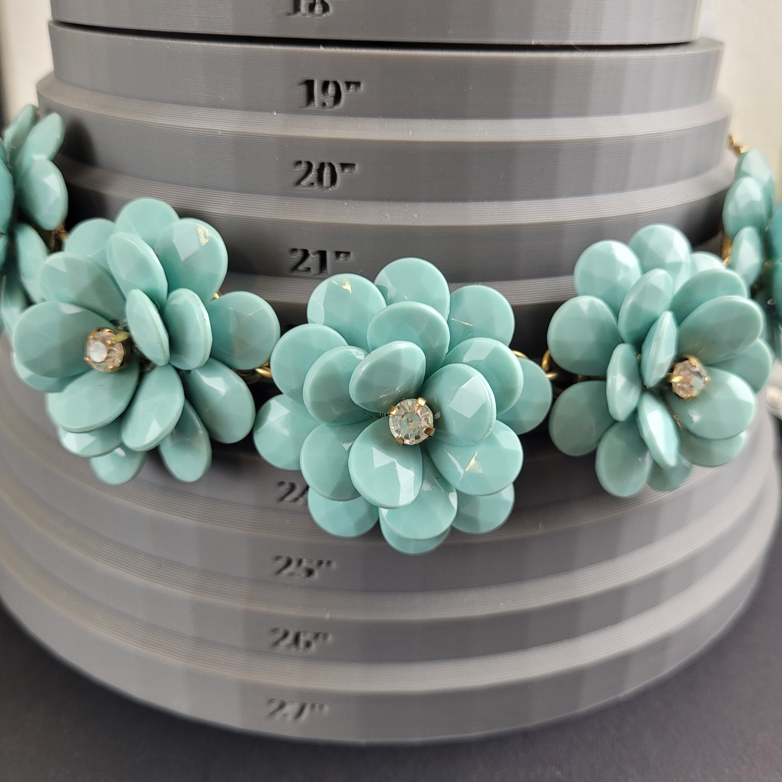 J Crew Robins Egg Blue Flower Necklace With Clear Rhinestones 20″