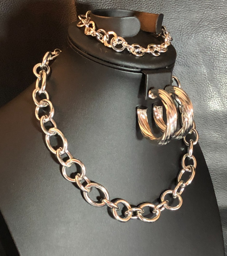 BANANA REPUBLIC Silver Rolo Chunky Chain Necklace +Hoop Earrings Bracelet 8572