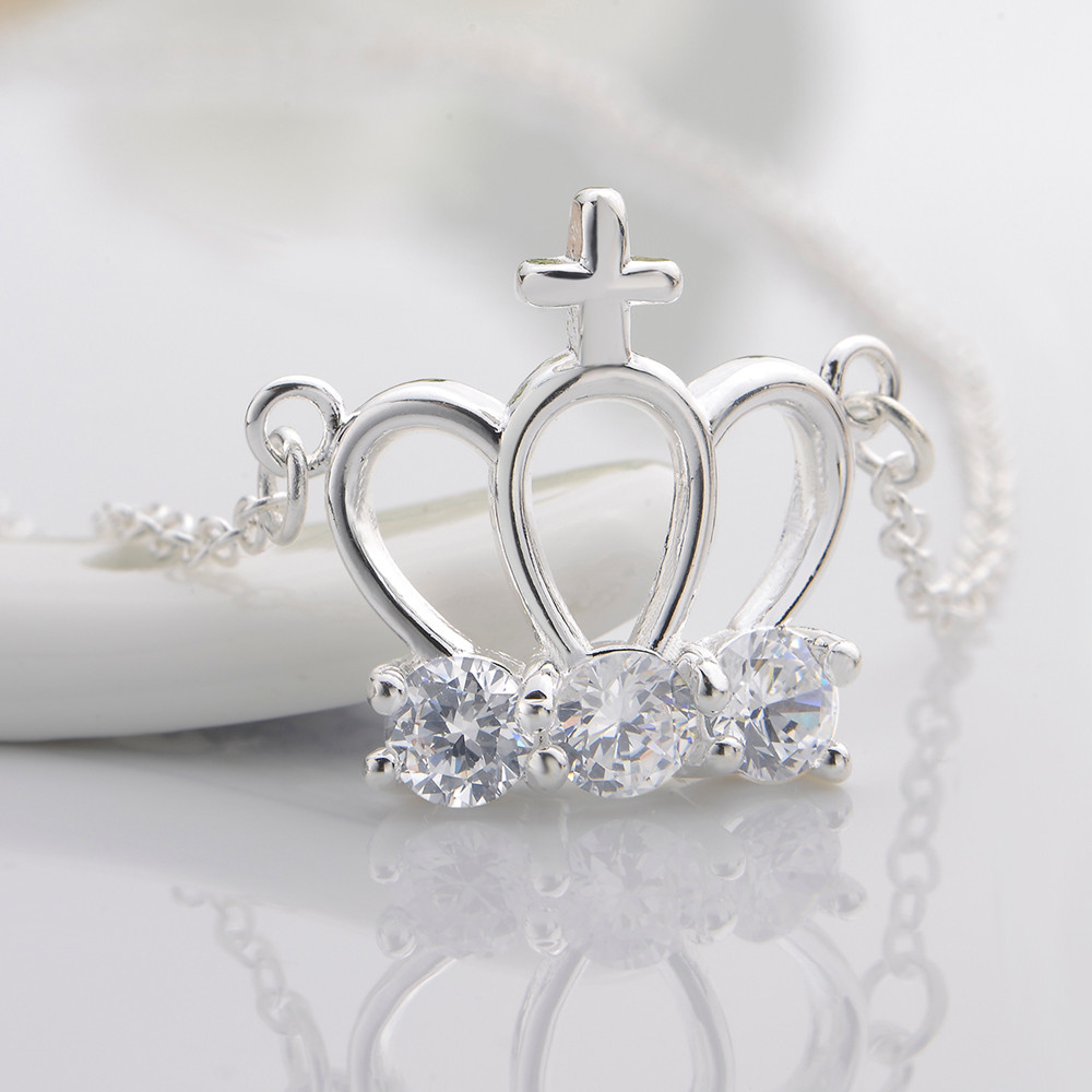 Elegant 925 Sterling Silver Filled Water Crown CZ Pendant Woman Necklace N-A597