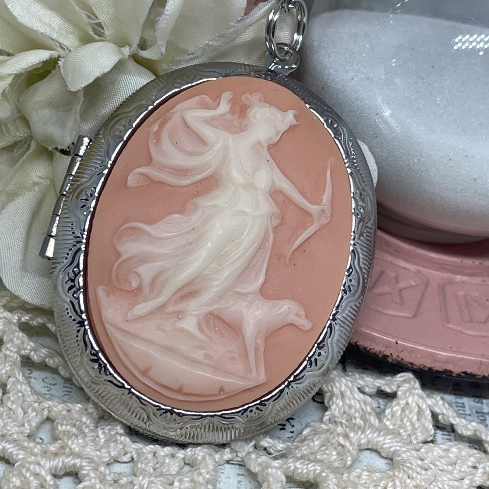 Peach Silver Anniversary gift birthday Aphrodite Roman ARTEMIS Locket Necklace