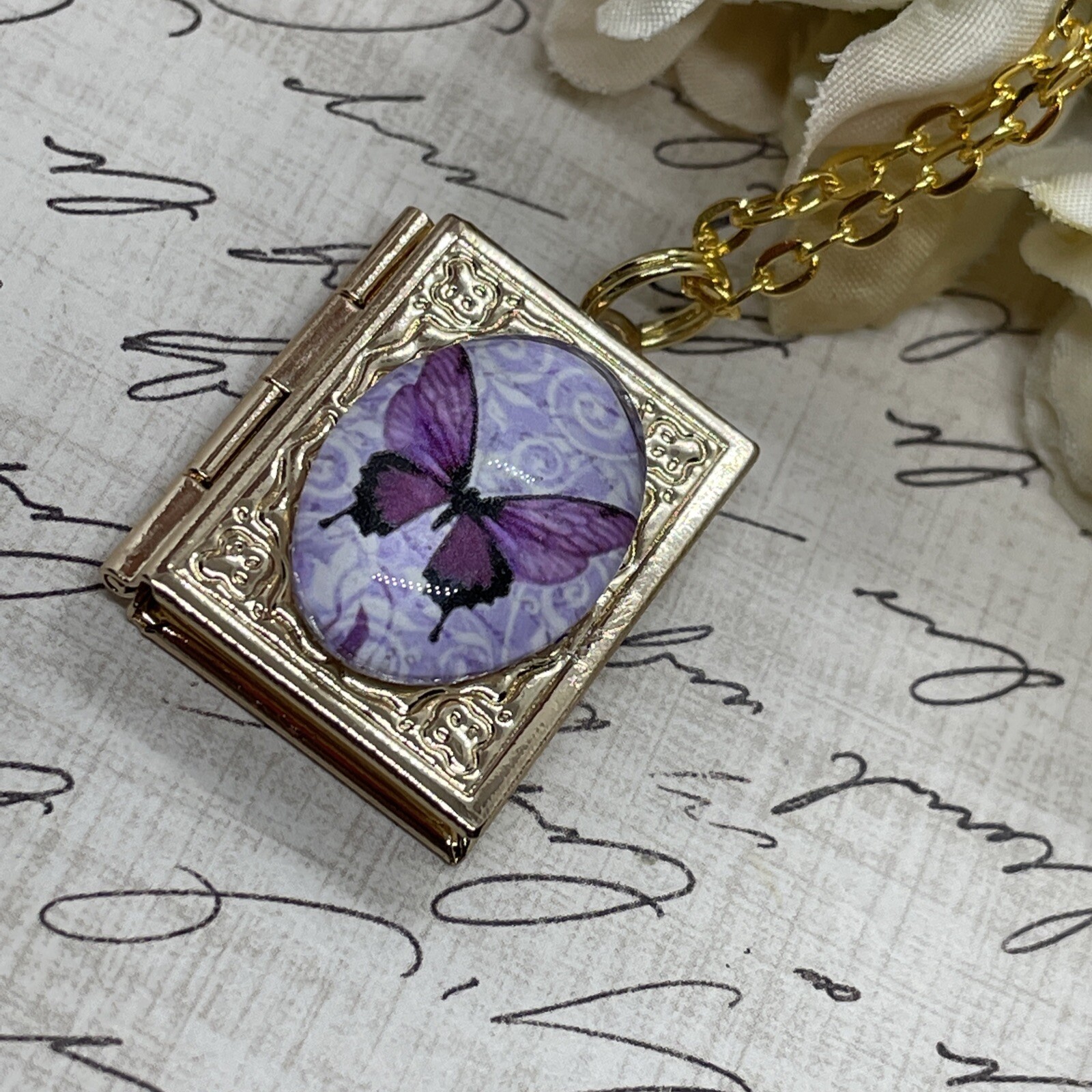 Gold Birthday anniversary purple BUTTERFLY book Locket pendant necklace photo