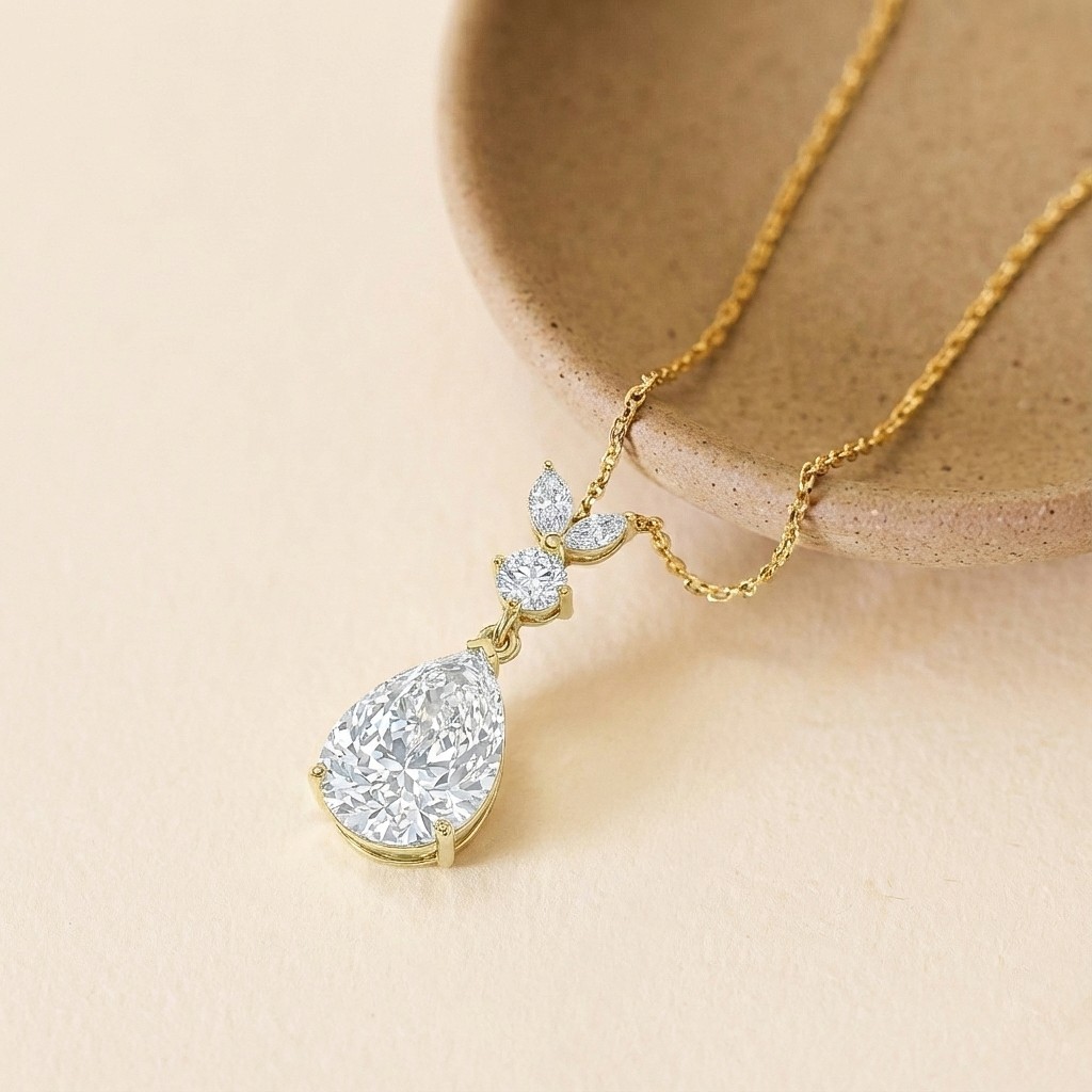 Simulated Diamond Pendant Necklace Pear Cut Gold, CZ Teardrop Necklace