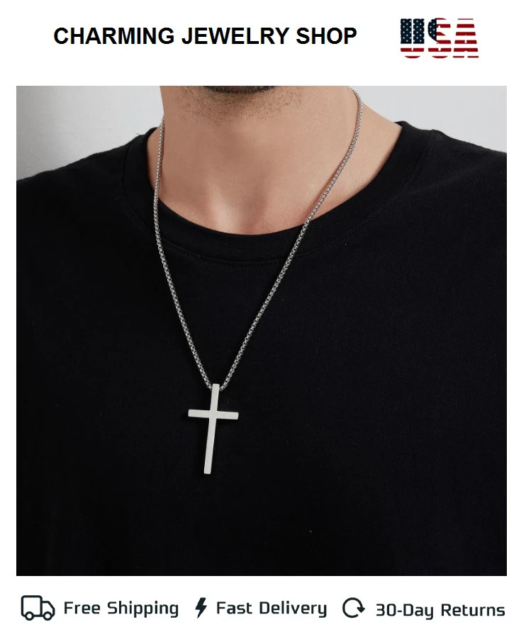 Men’s Fashion Stainless Steel Cross Pendant Necklace 24″ Chain