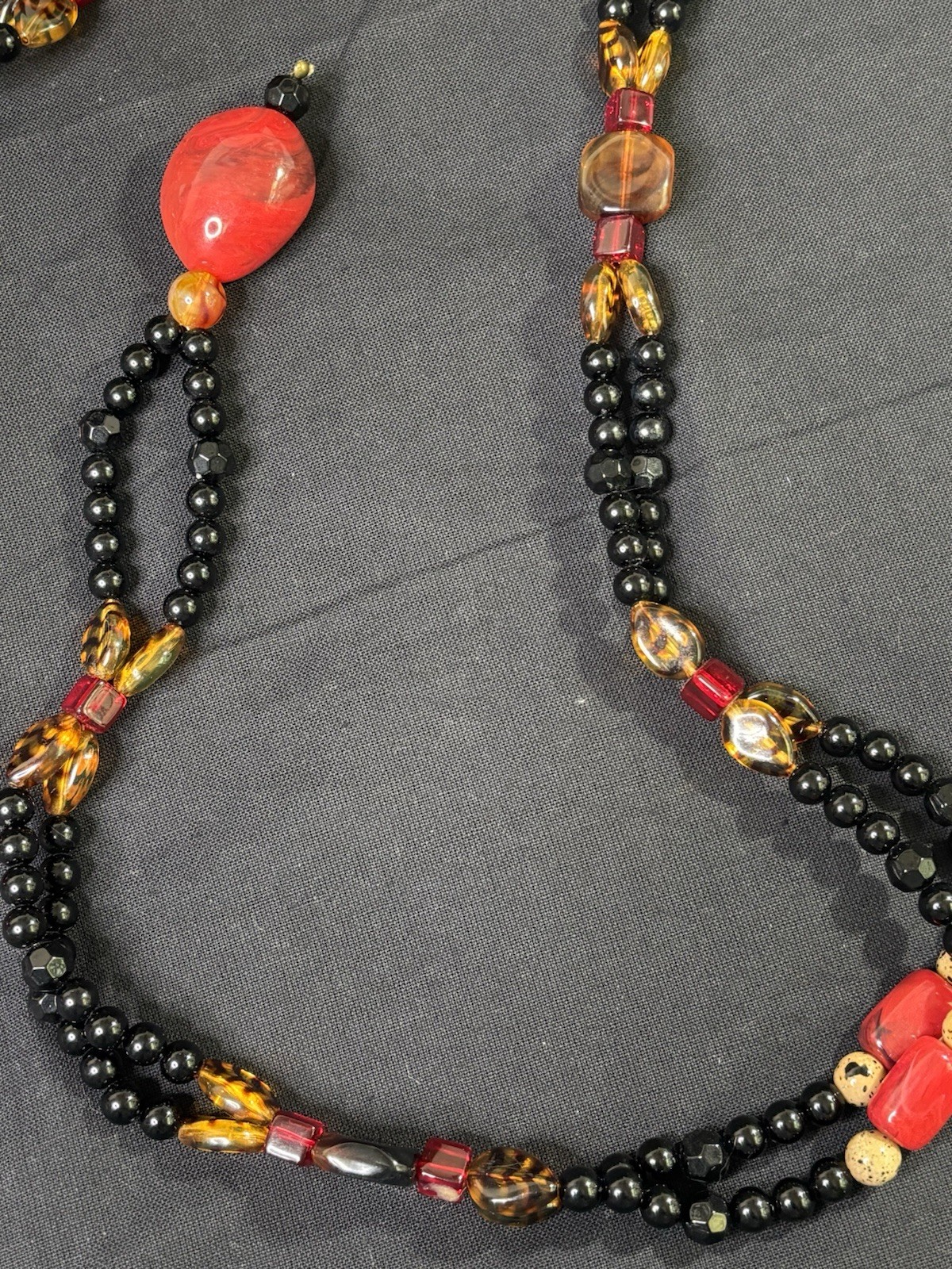 Angela Caputi 62” Tribal Style Single Strand Red, Black And Amber Bead Necklace
