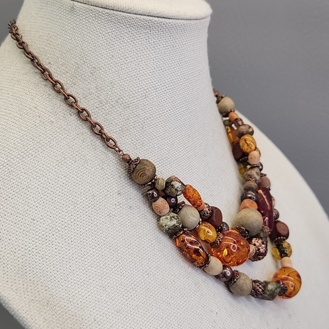Beaded Necklace Roman Jewelry Copal Wood Beads Triple Layered 16-18″