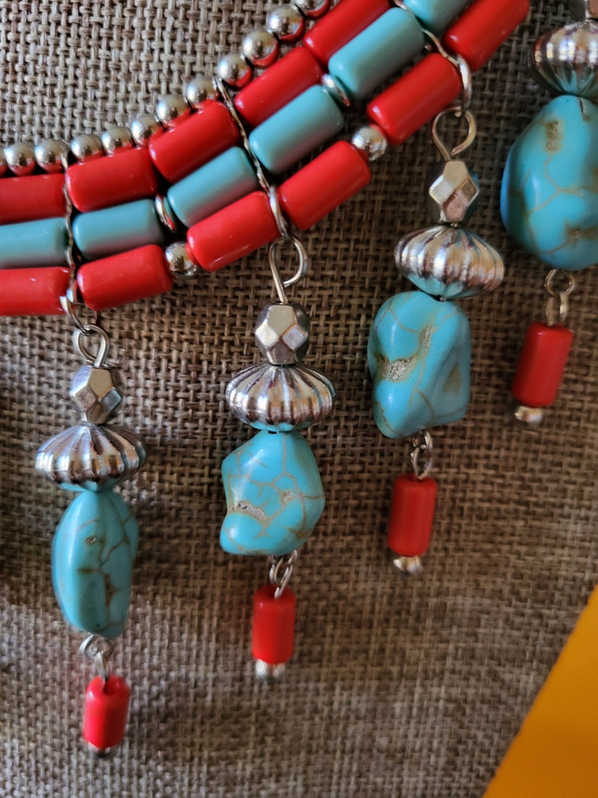 Tibet or Nepal stylebturquoise and coral statement bib necklace wiyh earings