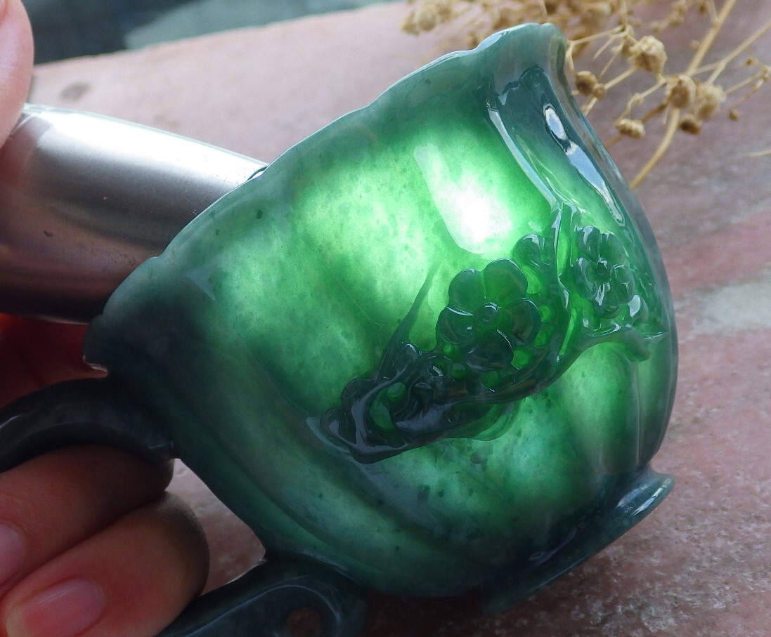 Video Certified Green A Jade jadeite Display Flower Cup Jewelly Box 670335 AS