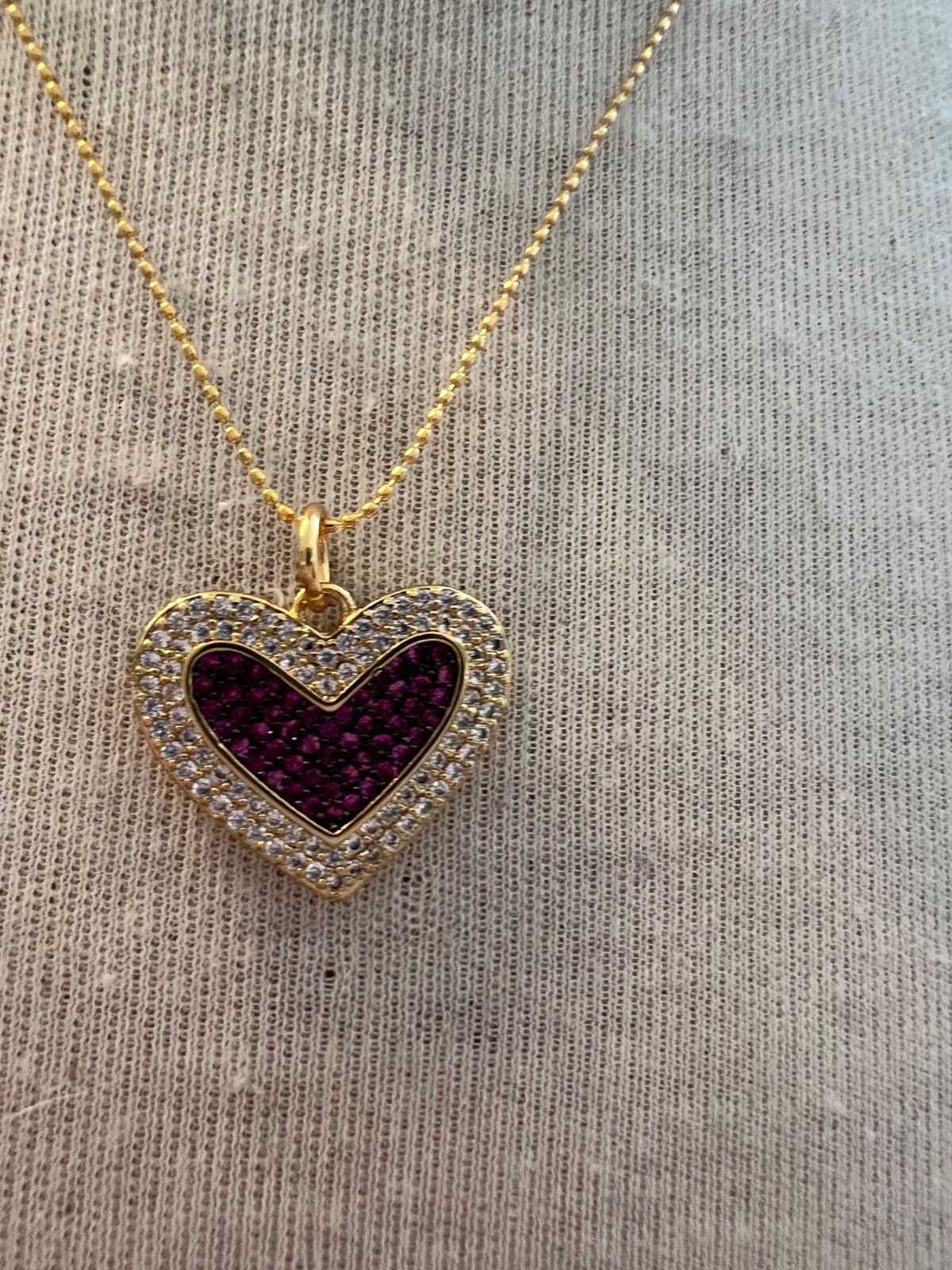 NEW HANDMADE BEAD GOLD TONE CHAIN WITH WHITE AND PINK CZ HEART CHARM NECKLACE