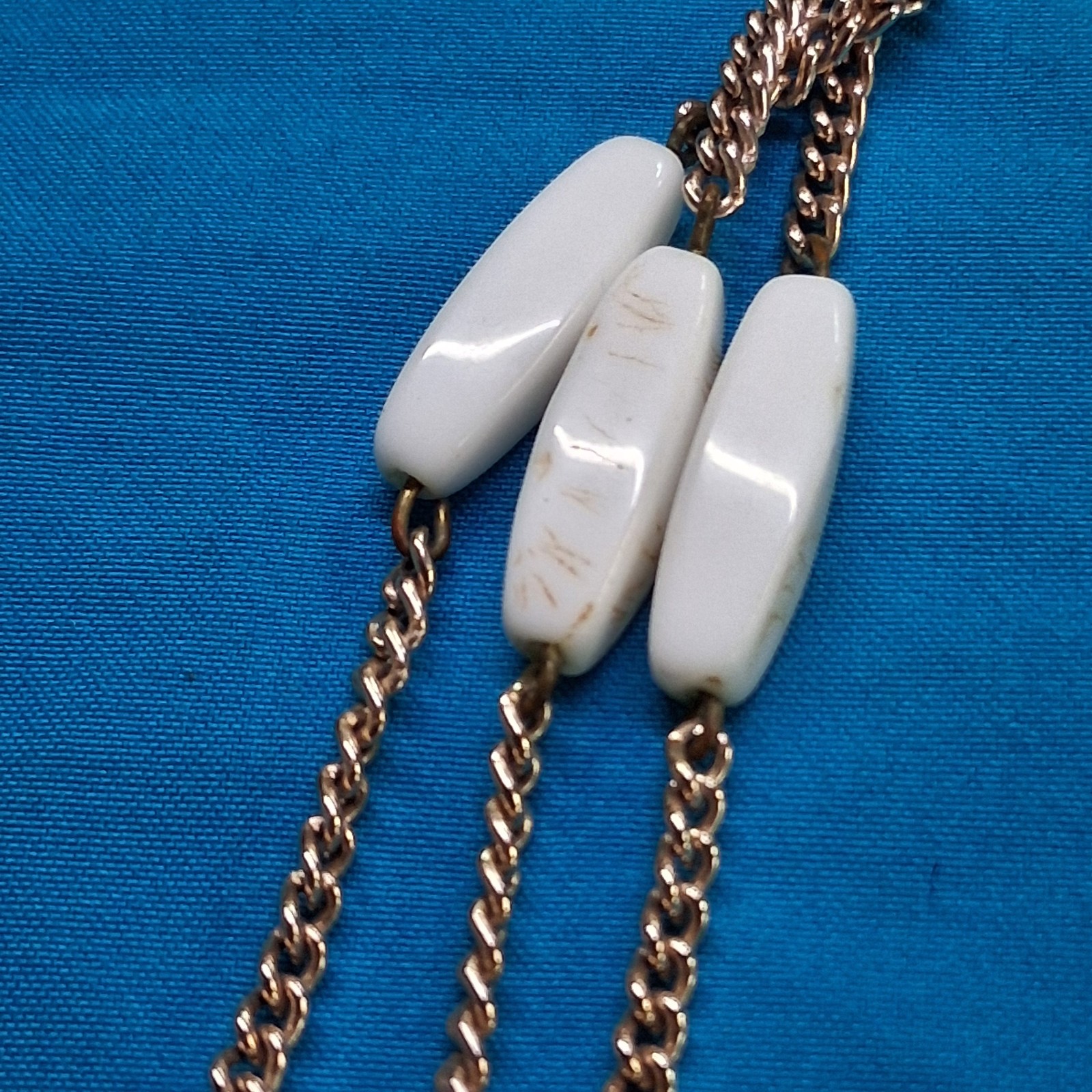 Vintage West Germany Marked White Polished Stone 3-Tier Gold Tone Necklace