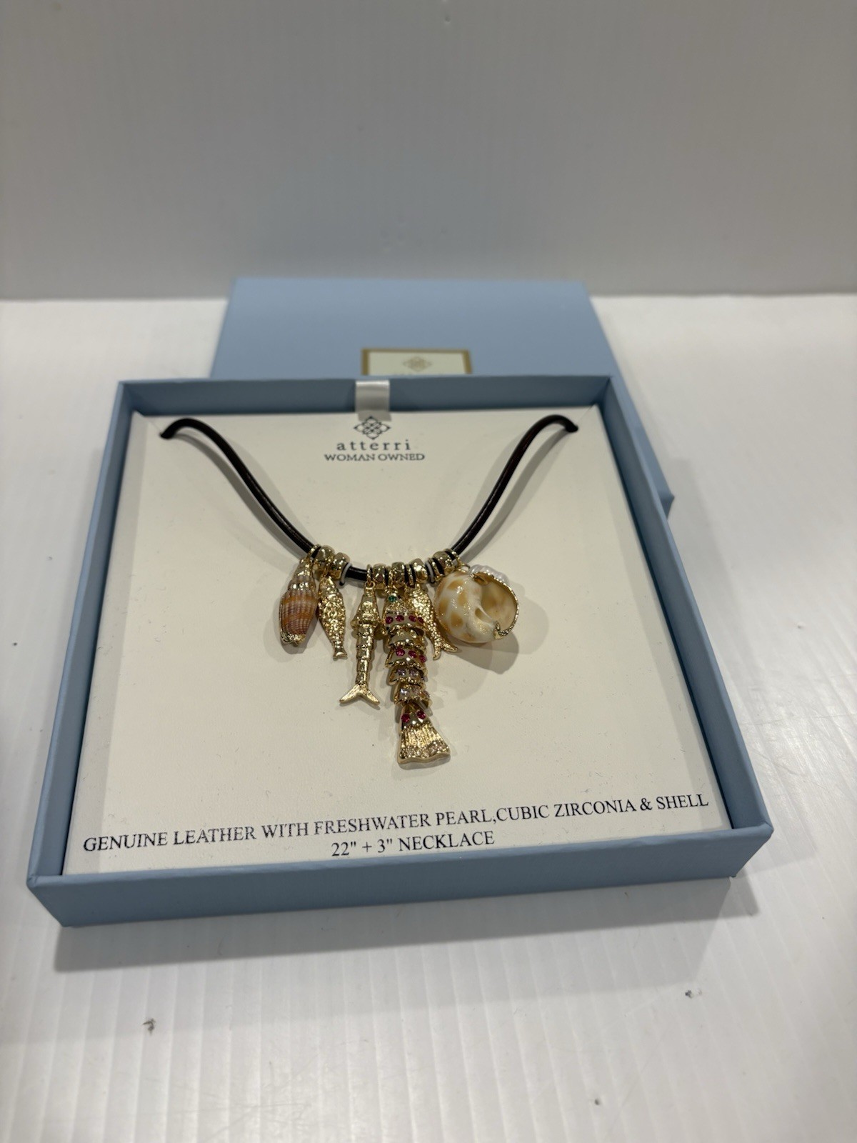 ATTERRI CHARM NECKLACE GENUINE LEATHER W FRESH WATER PEARL CUBIC ZIRCONIA &SHELL