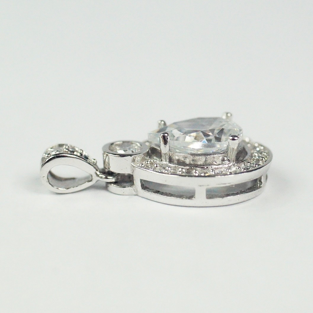 Sterling Silver White Clear Colorless CZ Teardrop Halo Pendant