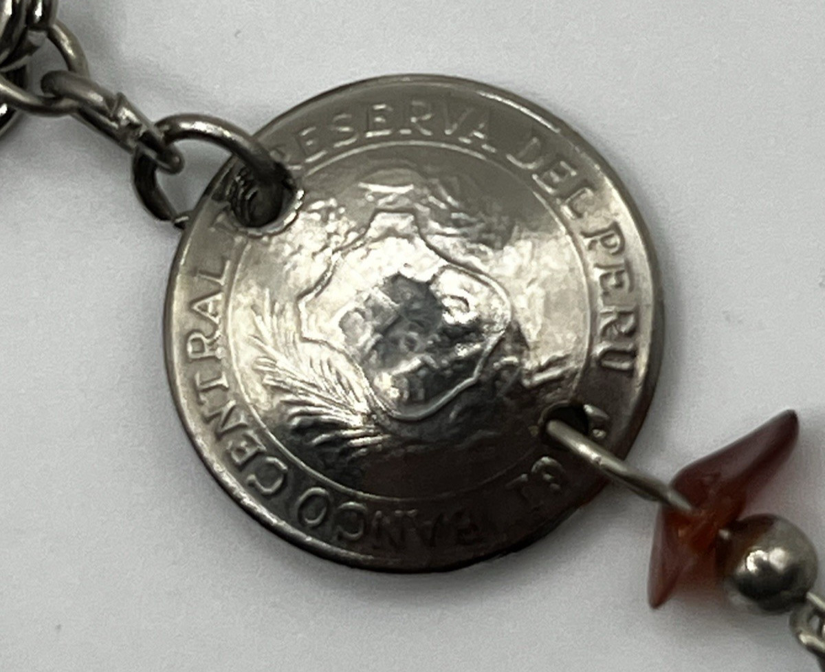 Peruvian Artisan Bird Charm Necklace Mixed Stone Peru Coin Boho Folk Art