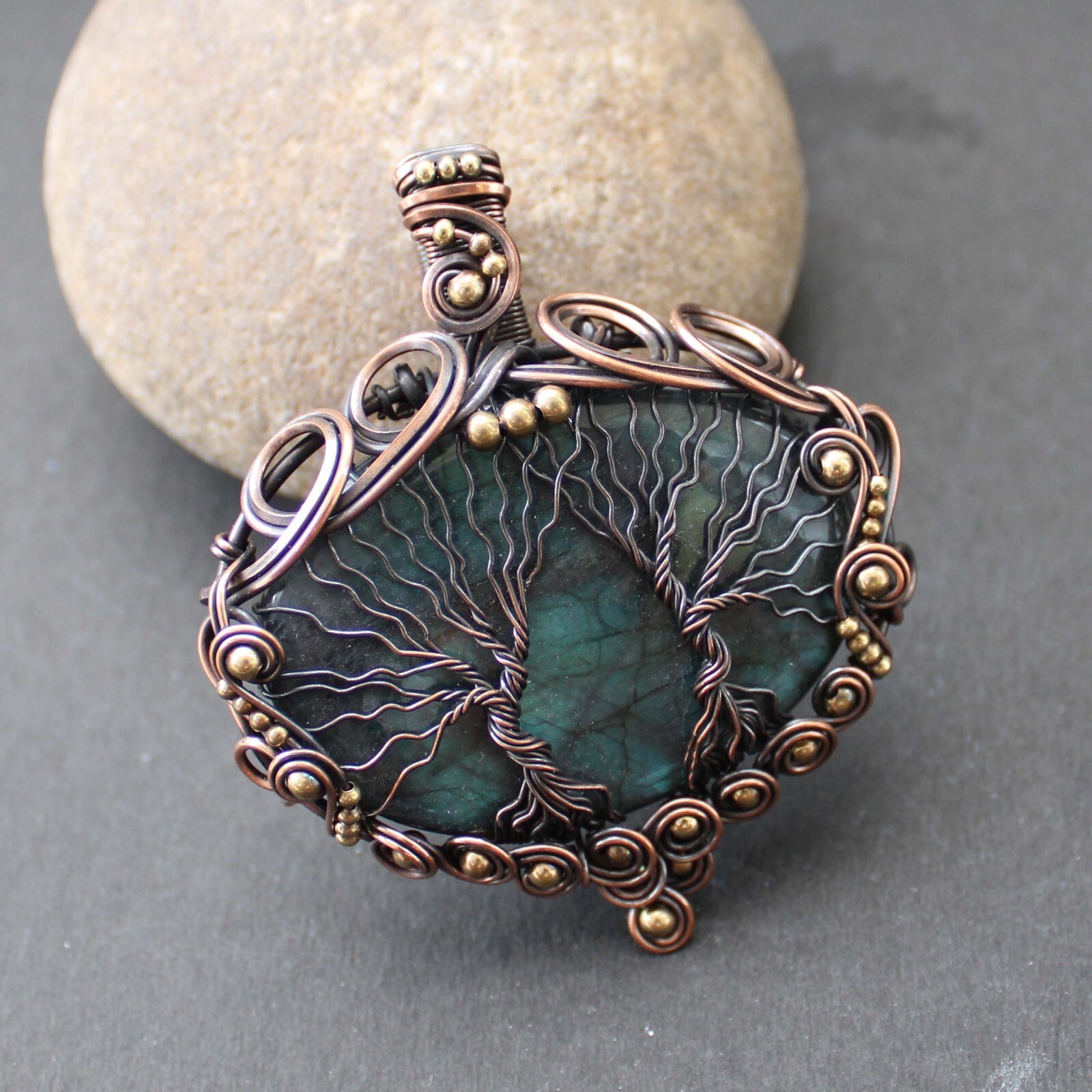 Labradorite Jewelry Copper Wire Wrapped Pendant Double Tree Of Life Pendant
