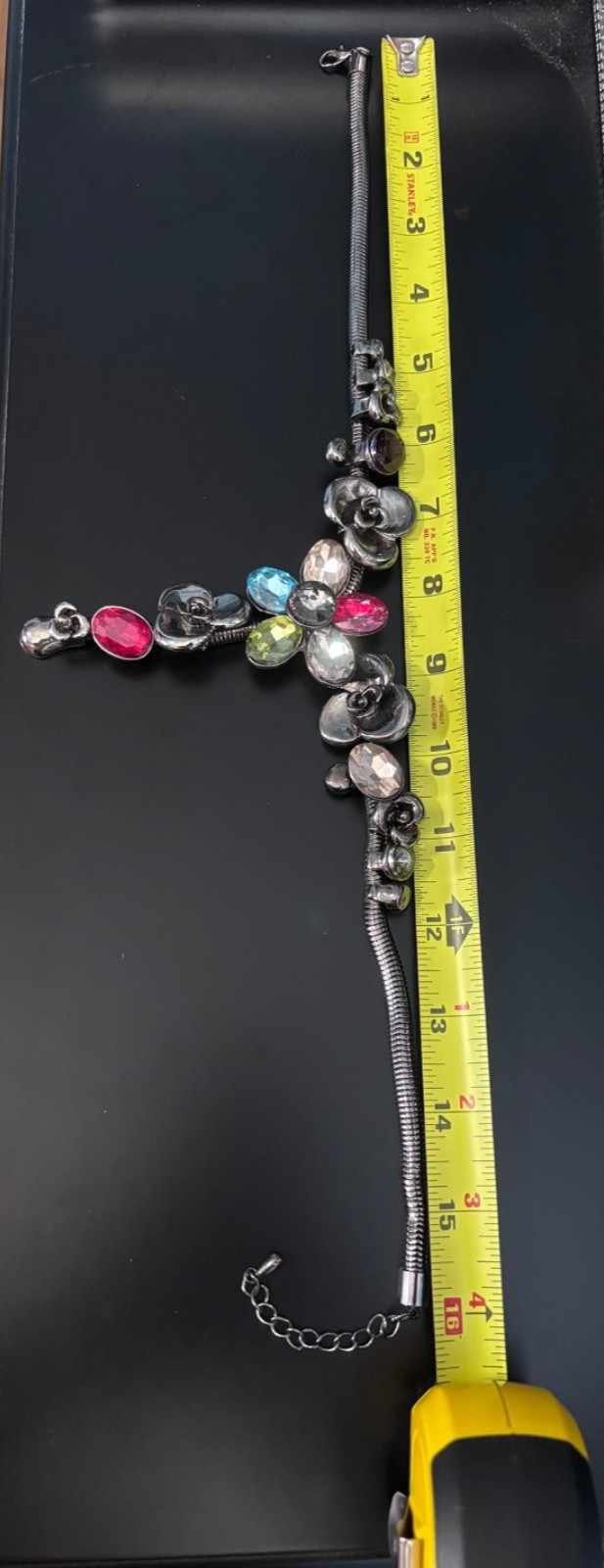 VTG Gunmetal Gray Snake Chain Choker Floral Statement Necklace Multicolor Stones