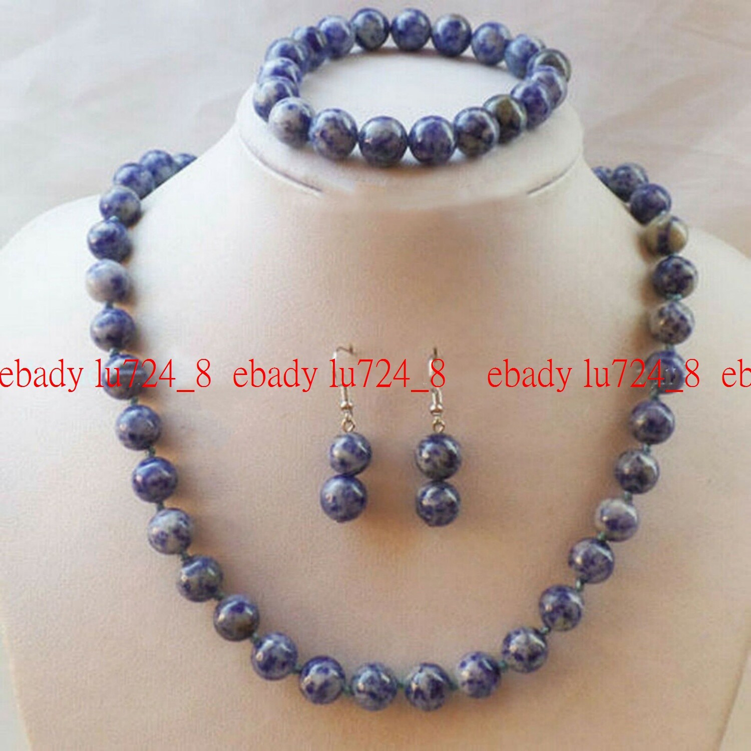 6-12mm Blue White Lapis Lazuli Round Gems Beads Necklace Bracelet Earrings Set