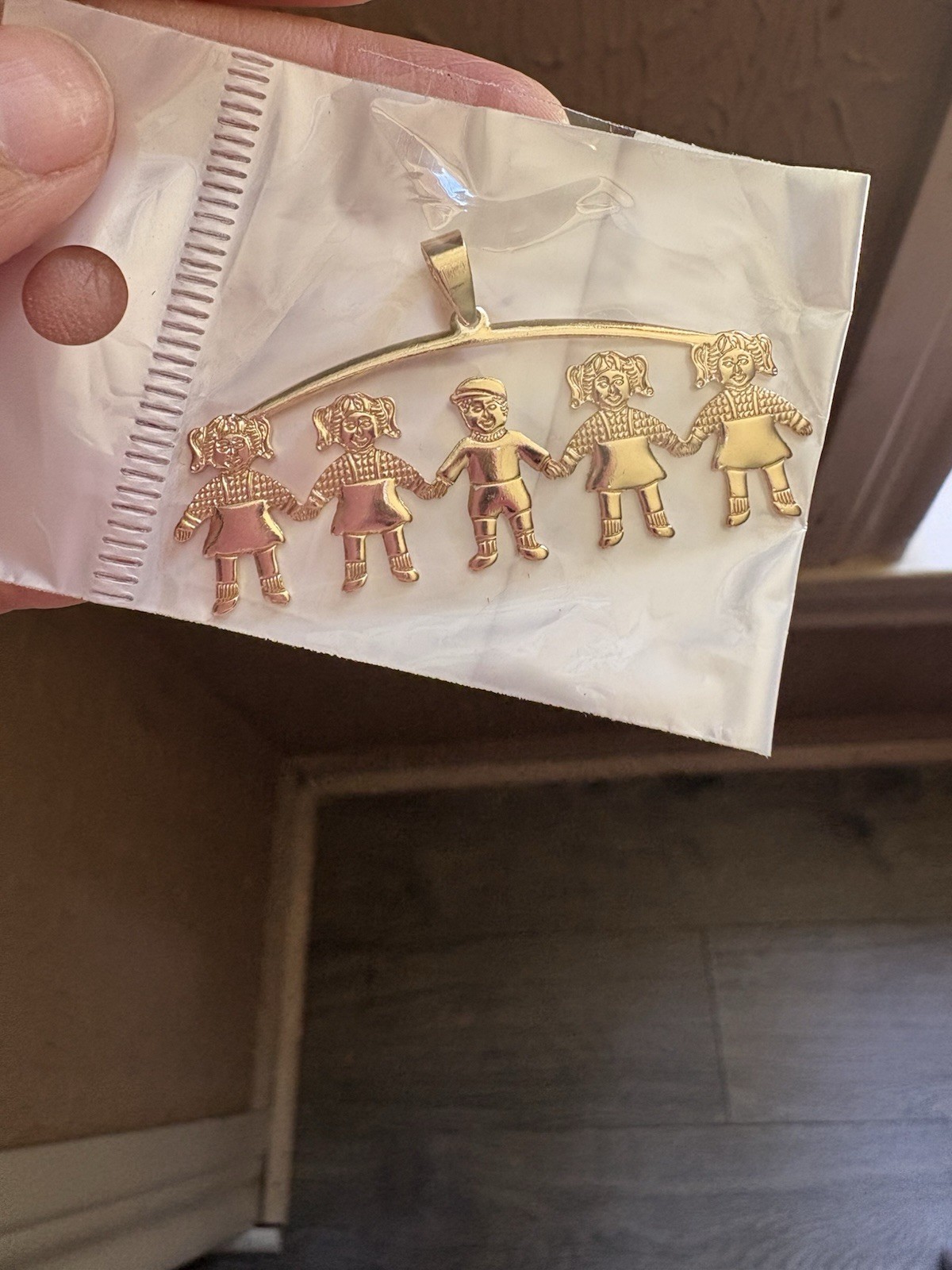 Gold Tone Family Charm Pendant, Asymmetrical Shape, No Stone