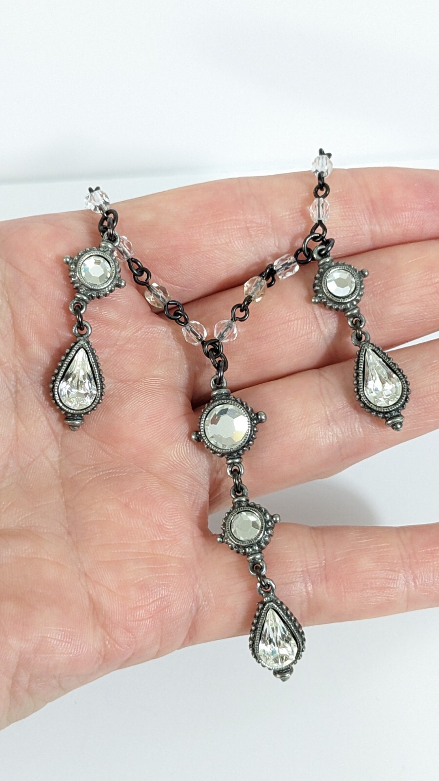 Ben Amun Crystal Dangle Necklace Silver Toned White Colorless Beads Rhinestones