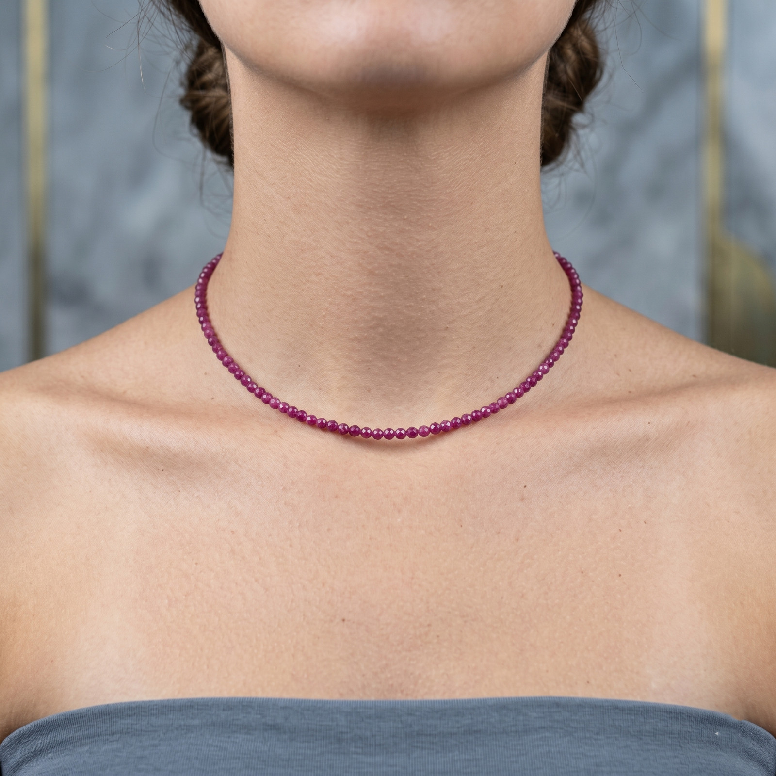 2mm Faceted Ruby Choker Necklace Natural Red Gemstone Adjustable Healing Jewelry