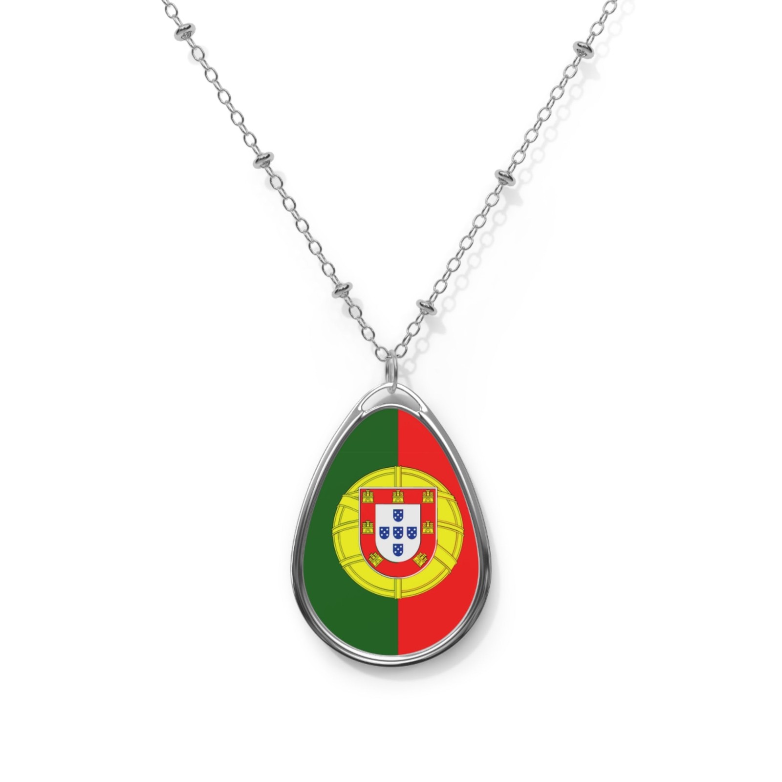 Portugal Flag Oval Necklace Zinc Alloy Pendant – One Size / Silver