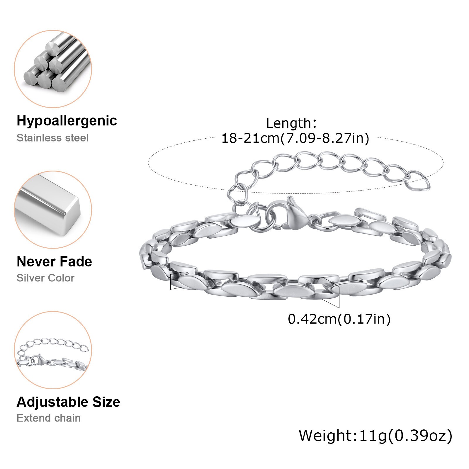 Stainless Steel Simple Plain Chain Strand Bracelet Couple Link Bracelet Classic