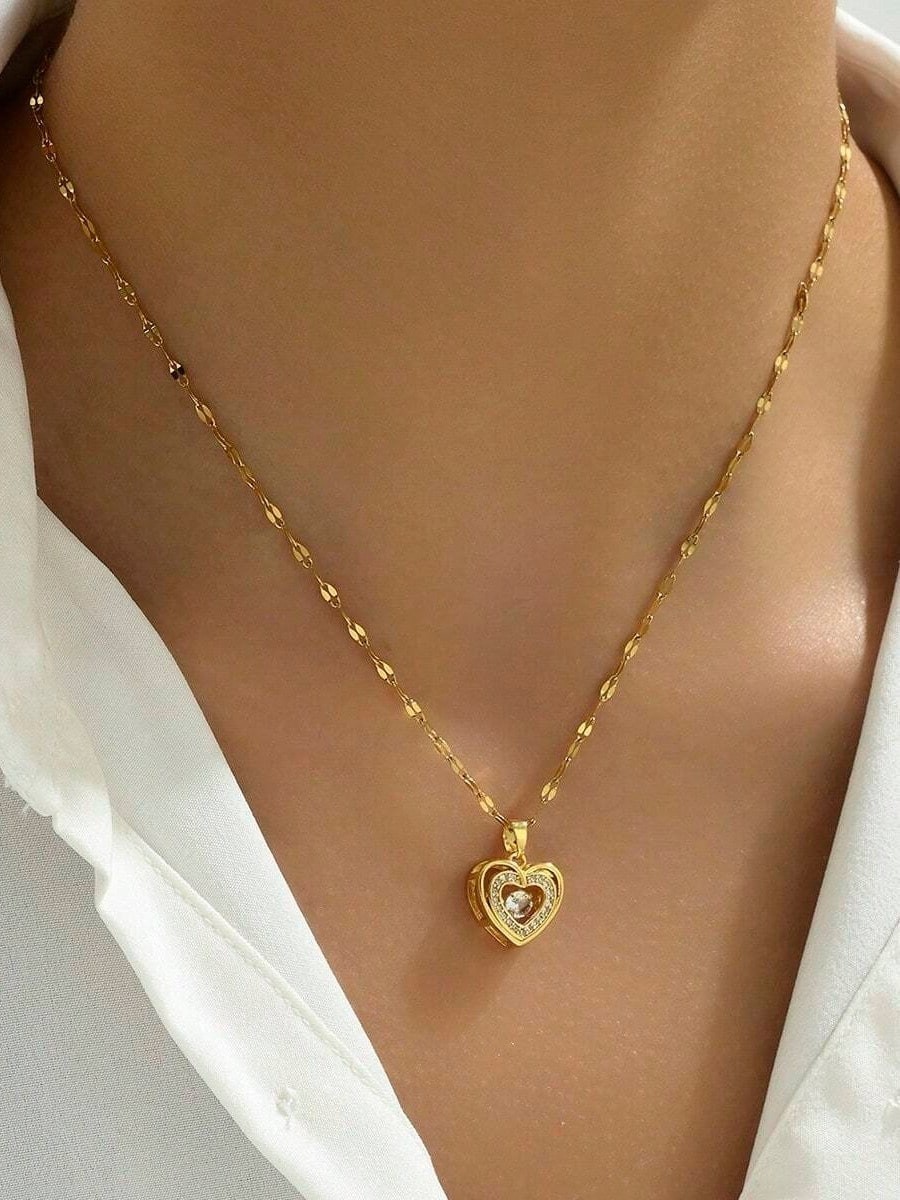 Gold Heart Necklace Movable CZ Pendant Stainless Steel Women Jewelry Gift