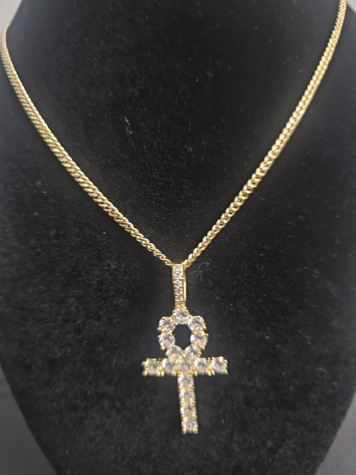 18in. 14k Gold-Plated brass-1.4mm skinny Cuban Link chain w/Ankh Cross CZ Charm