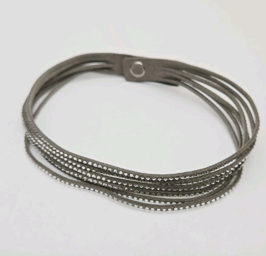 Grey Crystal Leather Choker Necklace Five Row Adjustable 15 in