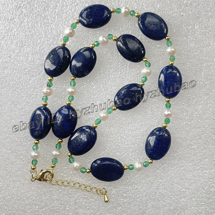 14-36″ 13x18mm Oval Blue Lapis Lazuli &White Pearl &Green Emerald Beads Necklace