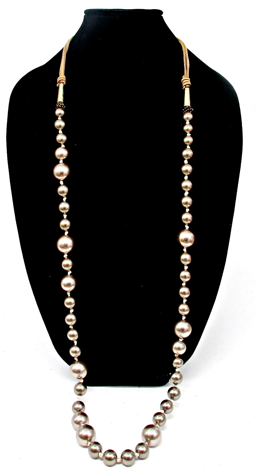 NWT$59 Chico’s Isabel 52″ Strand Deep Champagne Faux Pearls & Leather Necklace