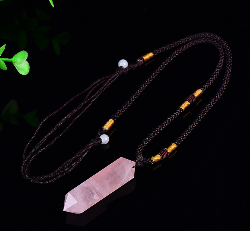 Rose Quartz Crystal Hexagonal Point Pendant Healing Amulet Women Ladies Necklace