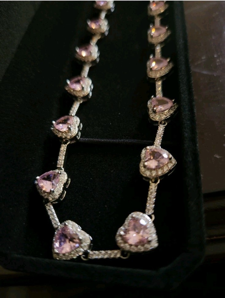14k White Gold Plated Pink Heart Austrian Crystals C Zirconia Iconic Necklace