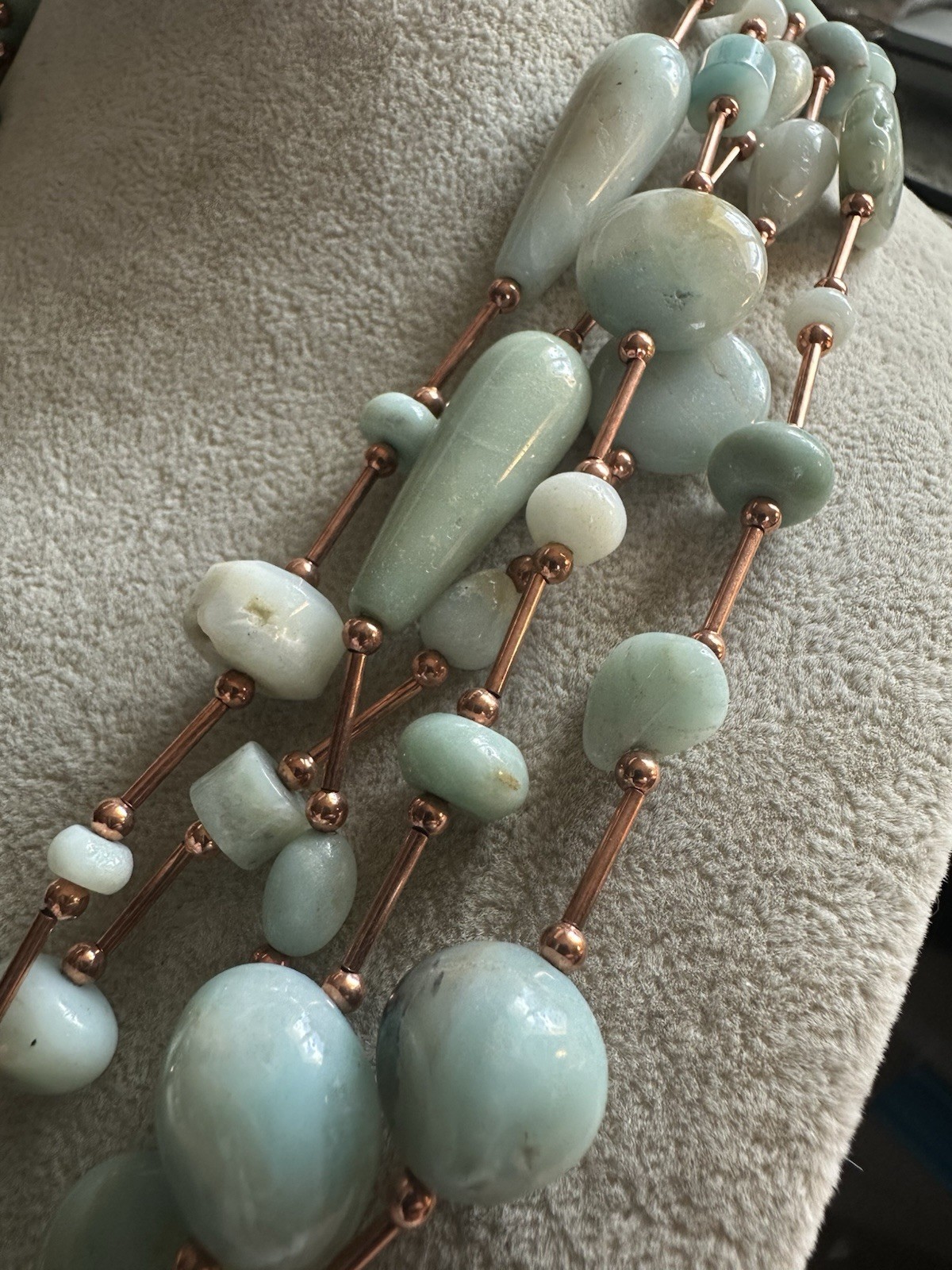 Multi Strand Amazonite Green Gem Stone Lg. Bead Aqua copper Necklace Balance