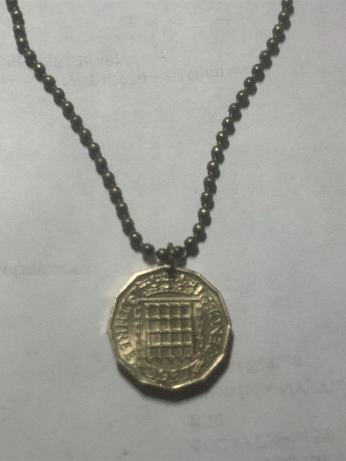 1967 UK 3 Pence Coin Pendant London. Queen Elizabeth 24” Necklace. Great Gift 🎁