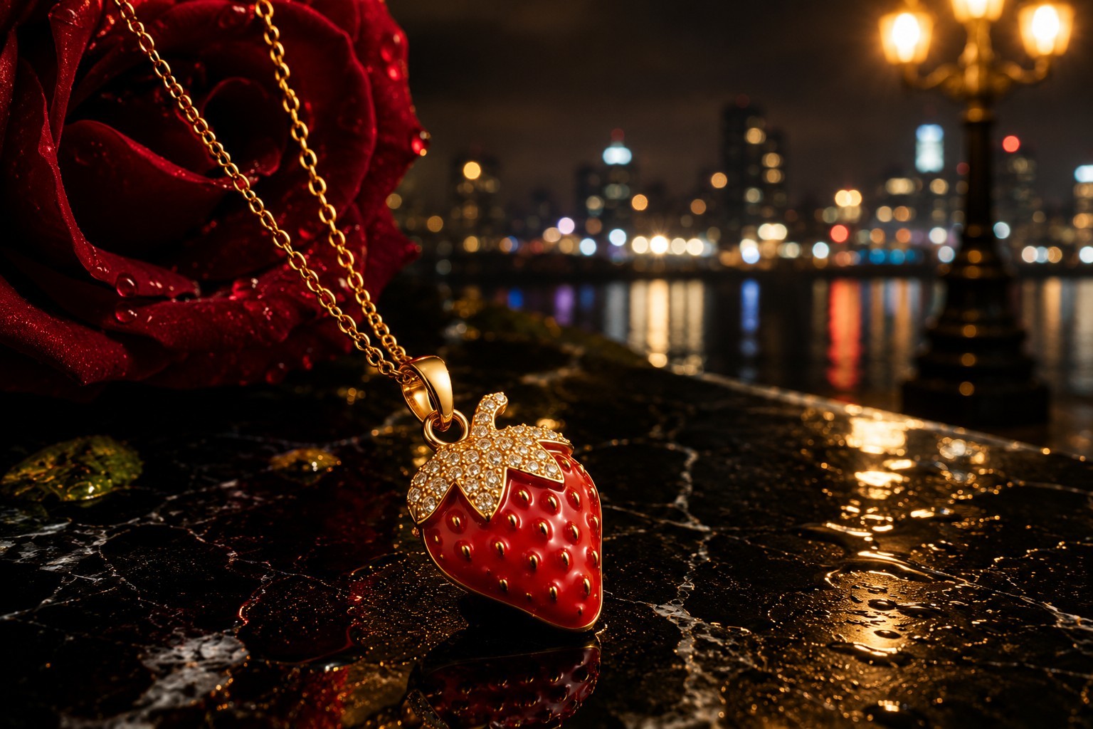 Gold Tone Strawberry Pendant Necklace Red Enamel Crystal Fruit Charm 18″