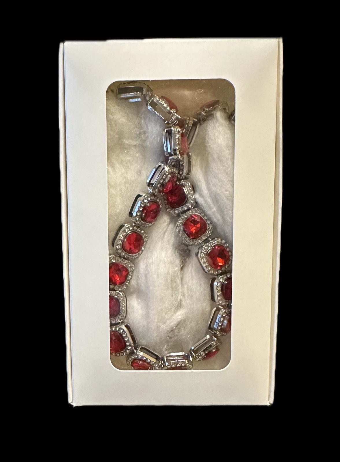 Woman’s 20 Inch Necklace Red Crystals And White CZ Sets Cushion Cut Stunning!!!