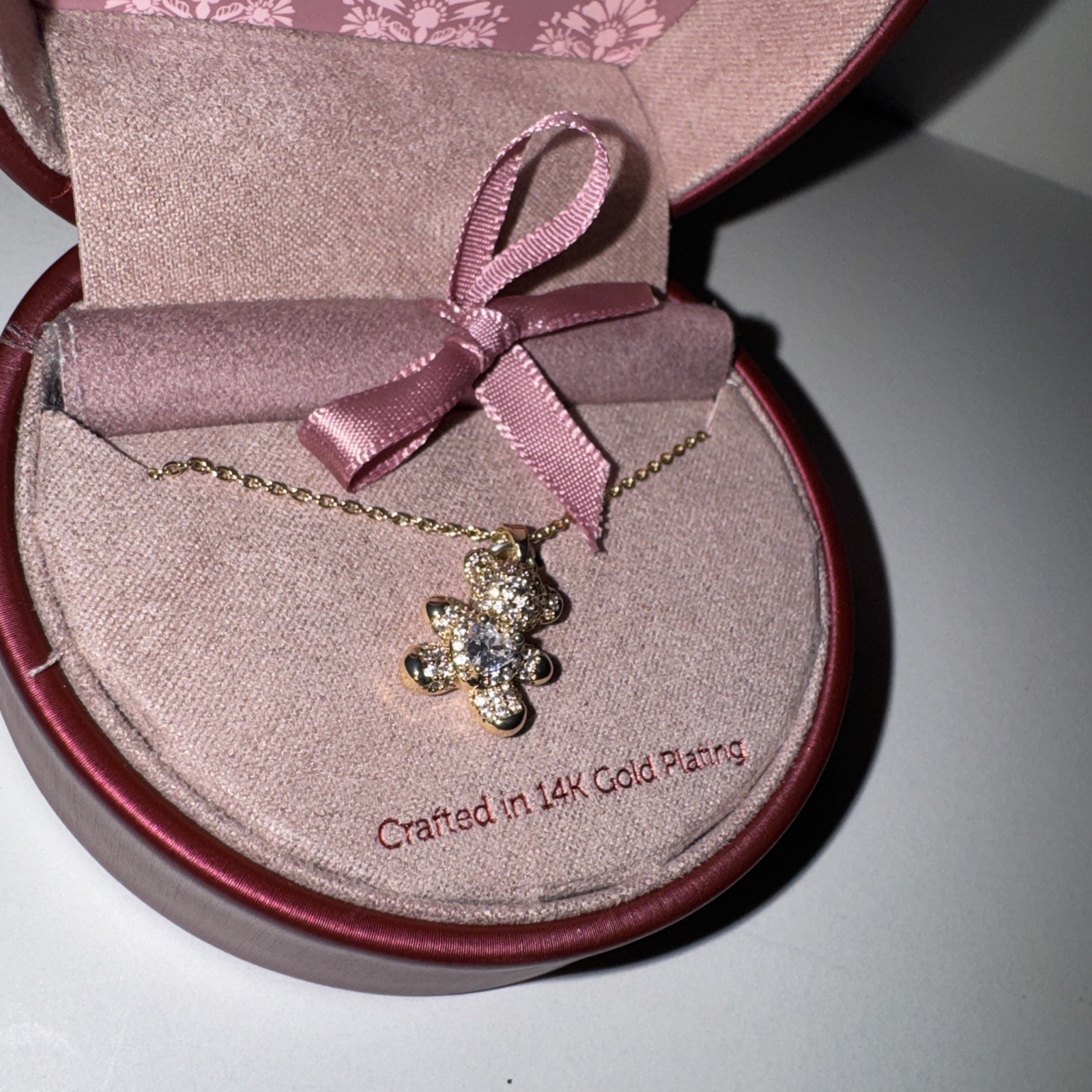 City Luxe Demi Fine Teddy Bear 14 Gold Plating Necklace, Cubic Zirconia Heart