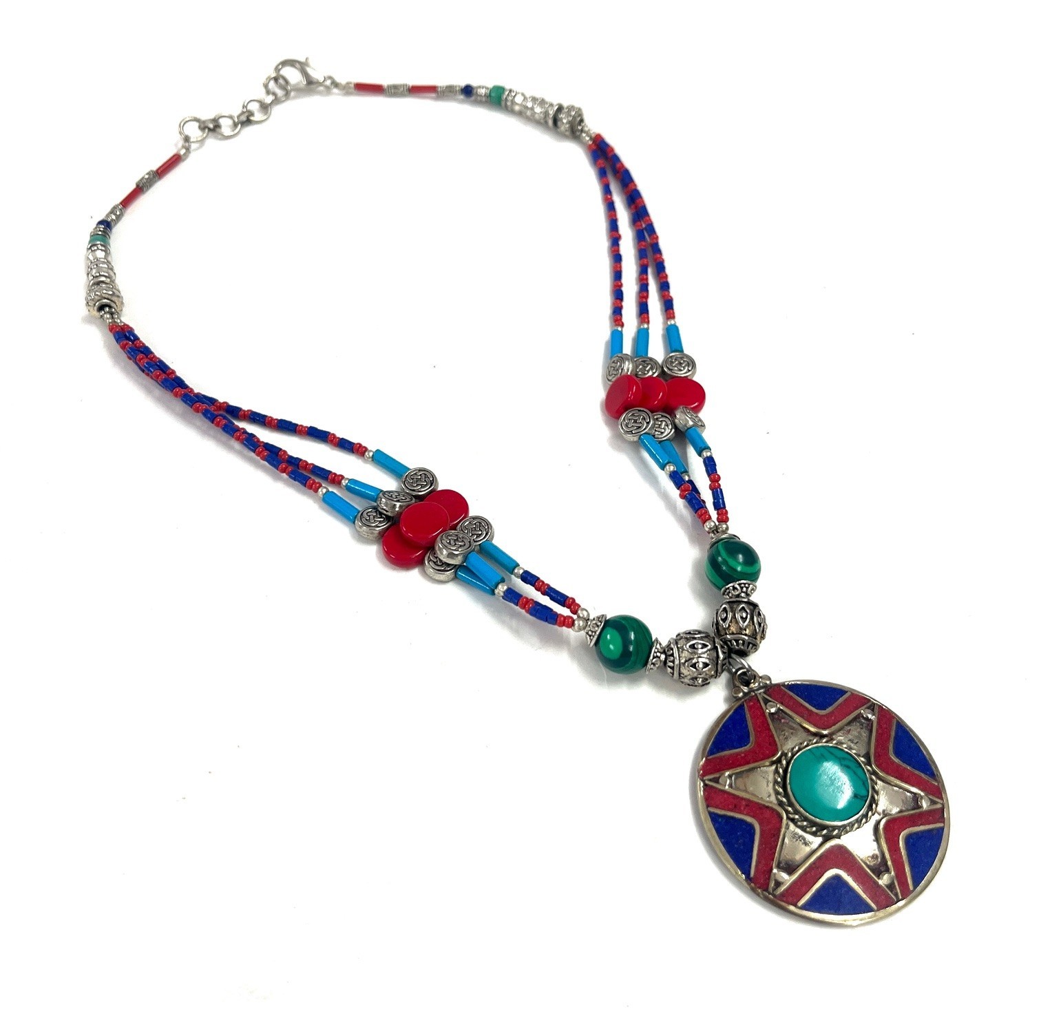 Handcrafted Lapis Coral Gemstone Tibetan Boho Necklace Jewelry, 16 Inch Adjs