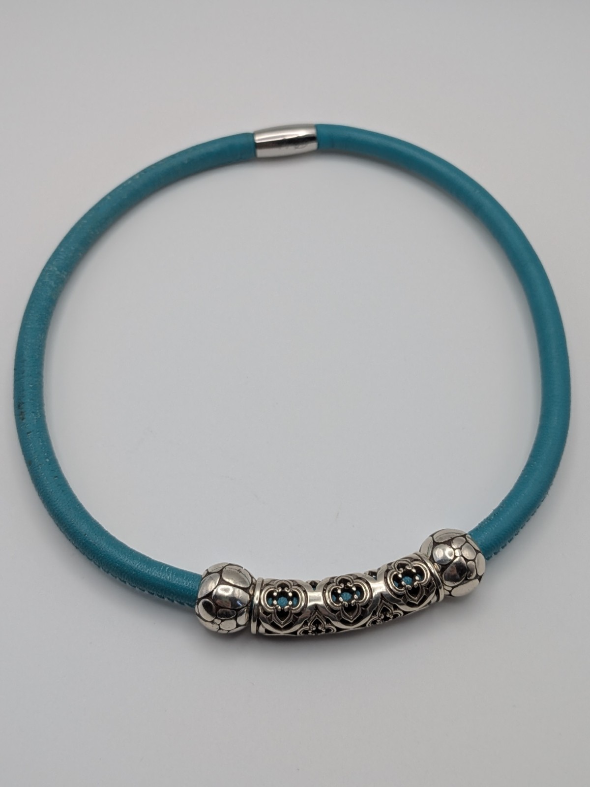 Brighton Faux Turquoise Leather Silver Beads Choker Necklace 15.5 Inches