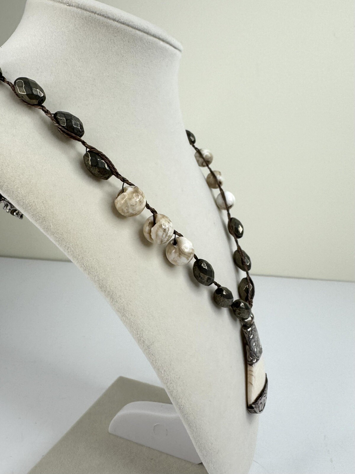Conch Shell Pendant Necklace Pyrite Smoky Beads Silver Tone Boho Artisanal