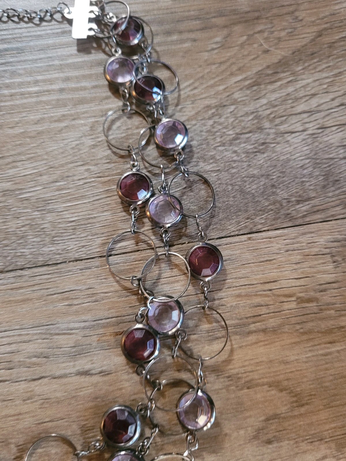 Multi Strand Multi Shape Purple Bezel Set Necklace Gun Metel Color Lobster Clasp