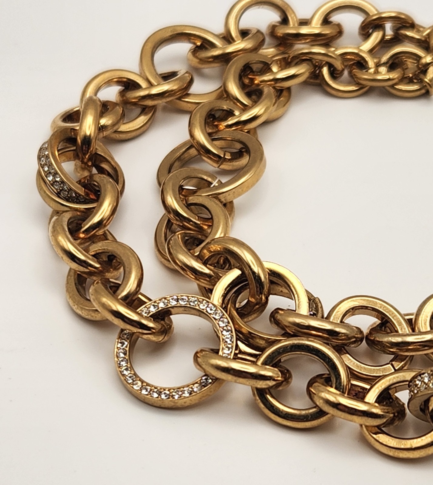 Michael Kors Gold Tone 26″ Rolo Link Necklace Crystal Pave Toggle Statement